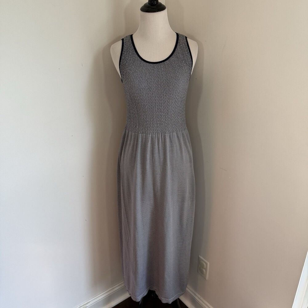 Lark & Grey Maxi Dress S Pullover Sleeveless Smocked Black Stripe Tank Stretchy